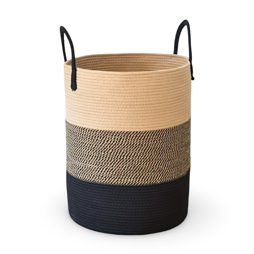 Round Laundry Basket Tall Woven Cotton Foldable Soft Handles