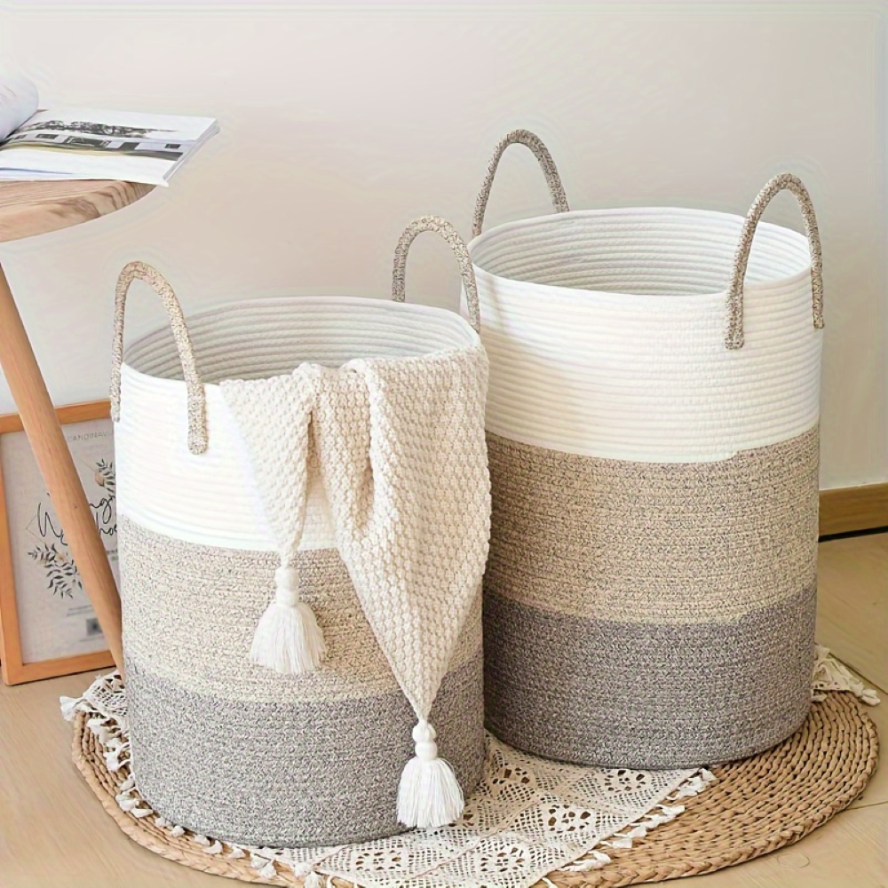 Round Laundry Basket Tall Woven Cotton Foldable Soft Handles