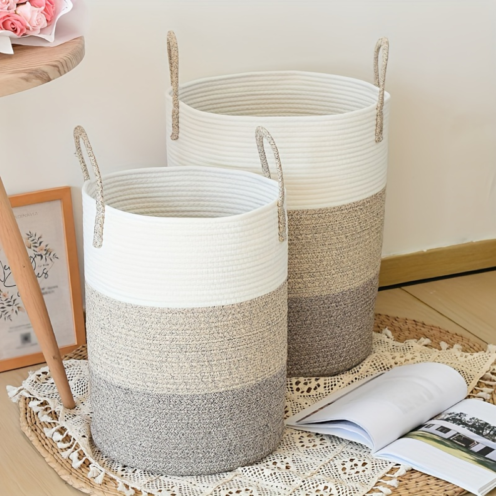 Round Laundry Basket Tall Woven Cotton Foldable Soft Handles