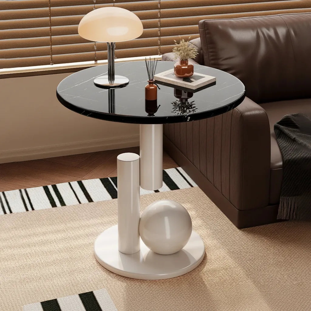 Round Side Table Marble-Look Top Sculptural Wood Base
