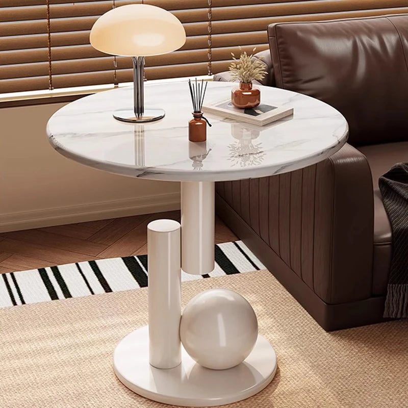 Round Side Table Marble-Look Top Sculptural Wood Base