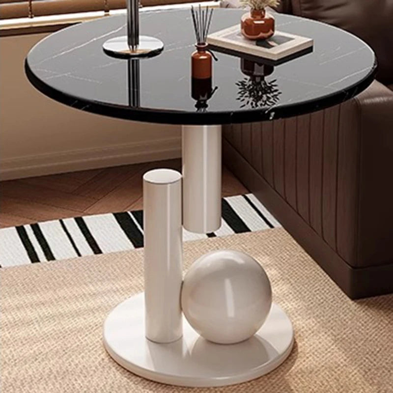 Round Side Table Marble-Look Top Sculptural Wood Base