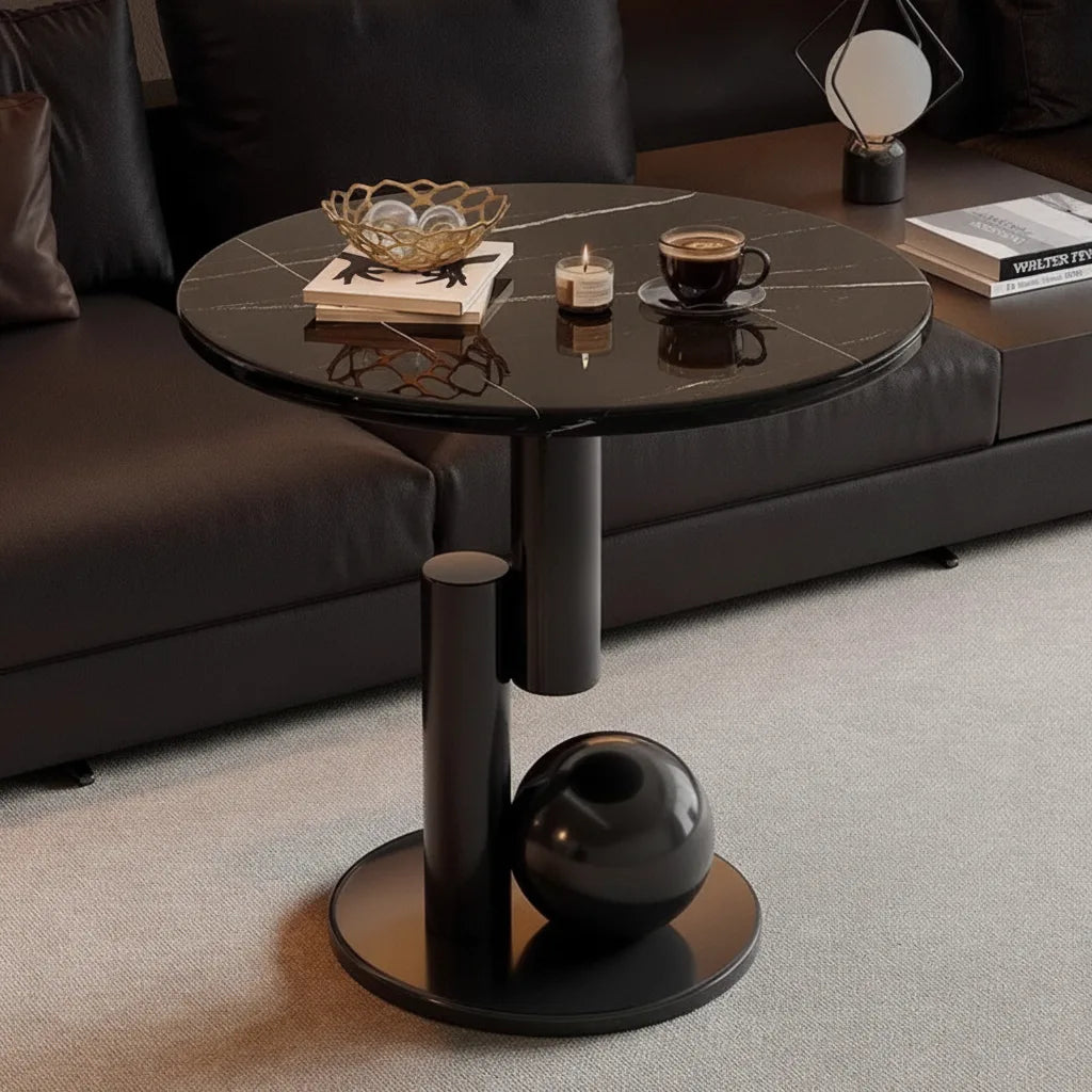 Round Side Table Marble-Look Top Sculptural Wood Base