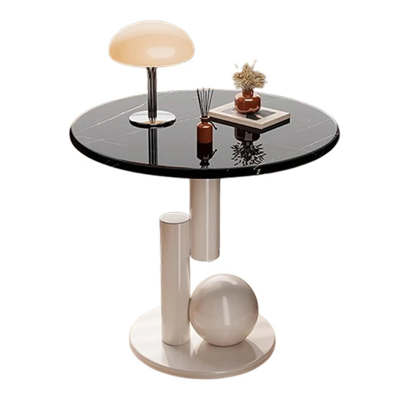 Round Side Table Marble-Look Top Sculptural Wood Base