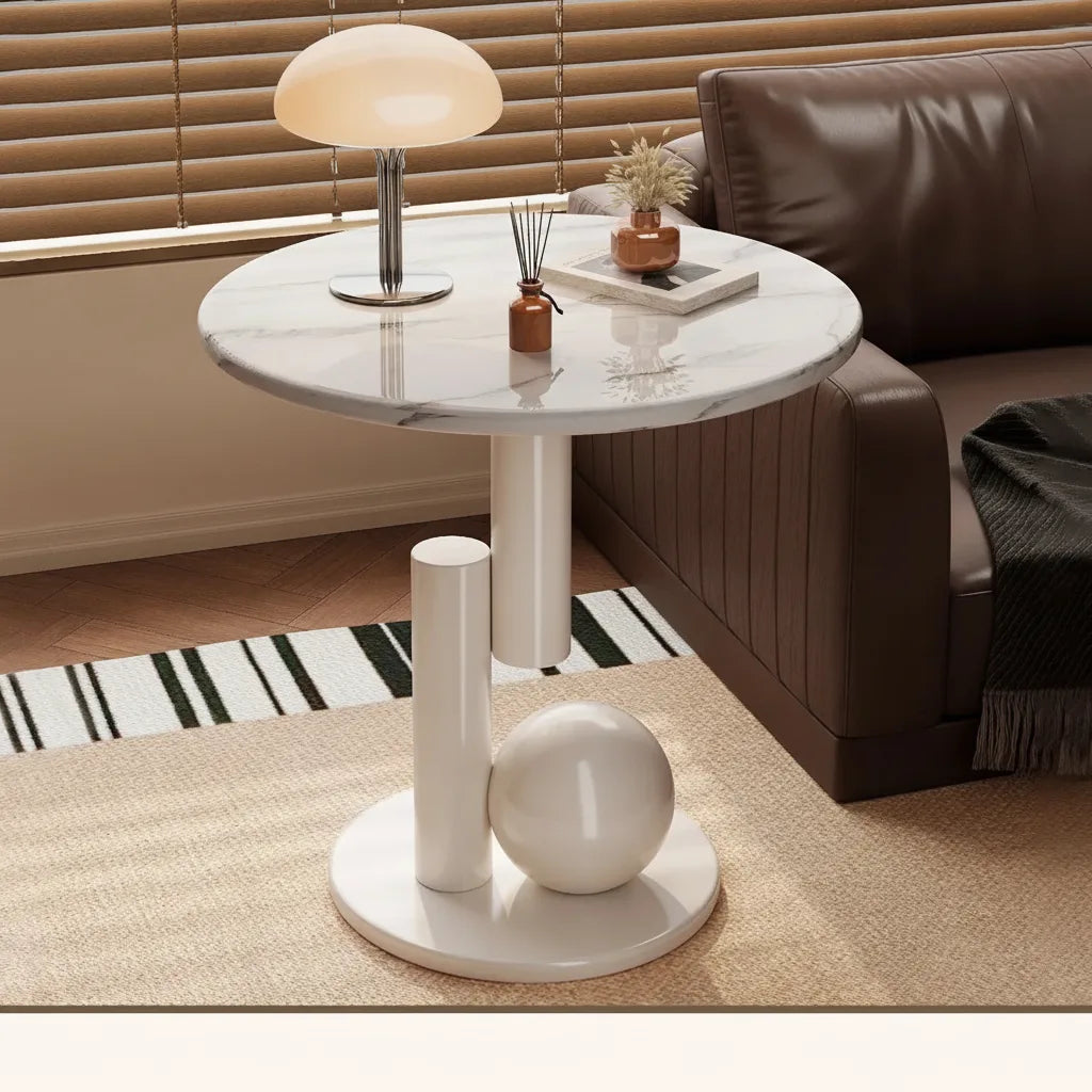Round Side Table Marble-Look Top Sculptural Wood Base