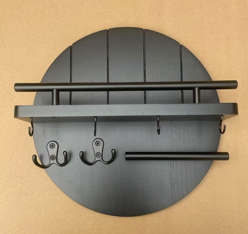 Round Wall Organizer Wood Shelves & Hooks
