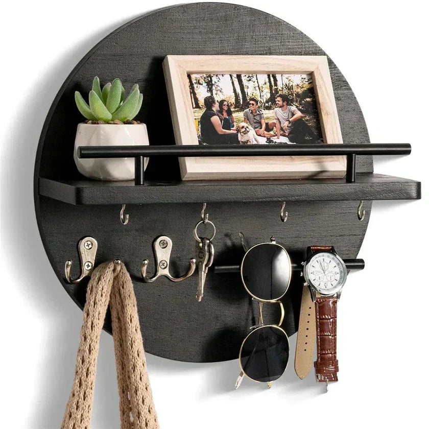 Round Wall Organizer Wood Shelves & Hooks