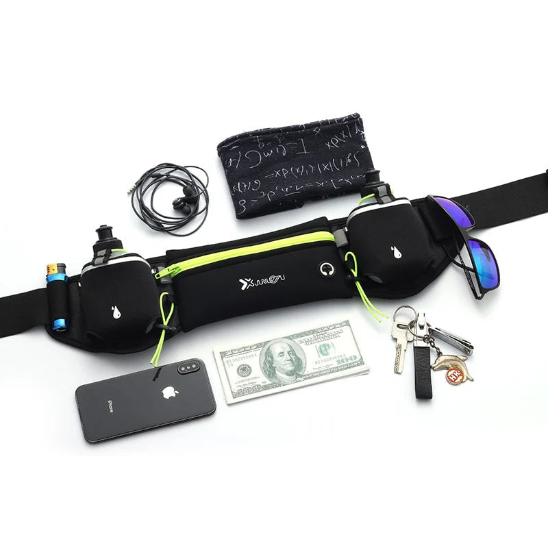 Running Belt Water-Repellent Neoprene Zipper Pocket Two Bottle Holders