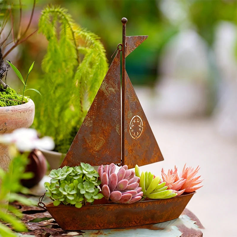 Sailboat Planter Weather-Resistant Iron Vintage Patina