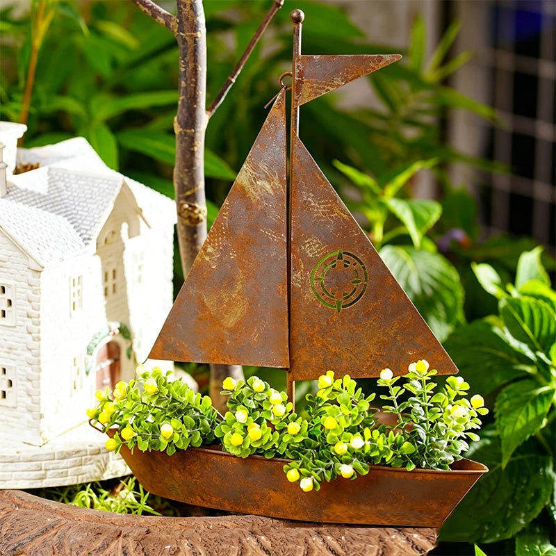 Sailboat Planter Weather-Resistant Iron Vintage Patina