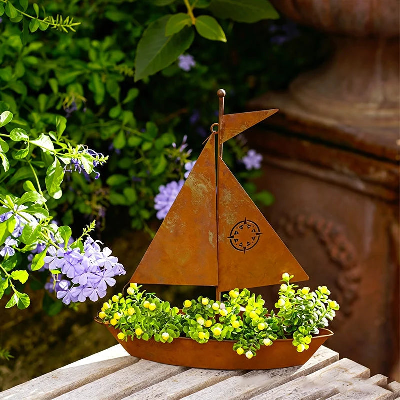 Sailboat Planter Weather-Resistant Iron Vintage Patina