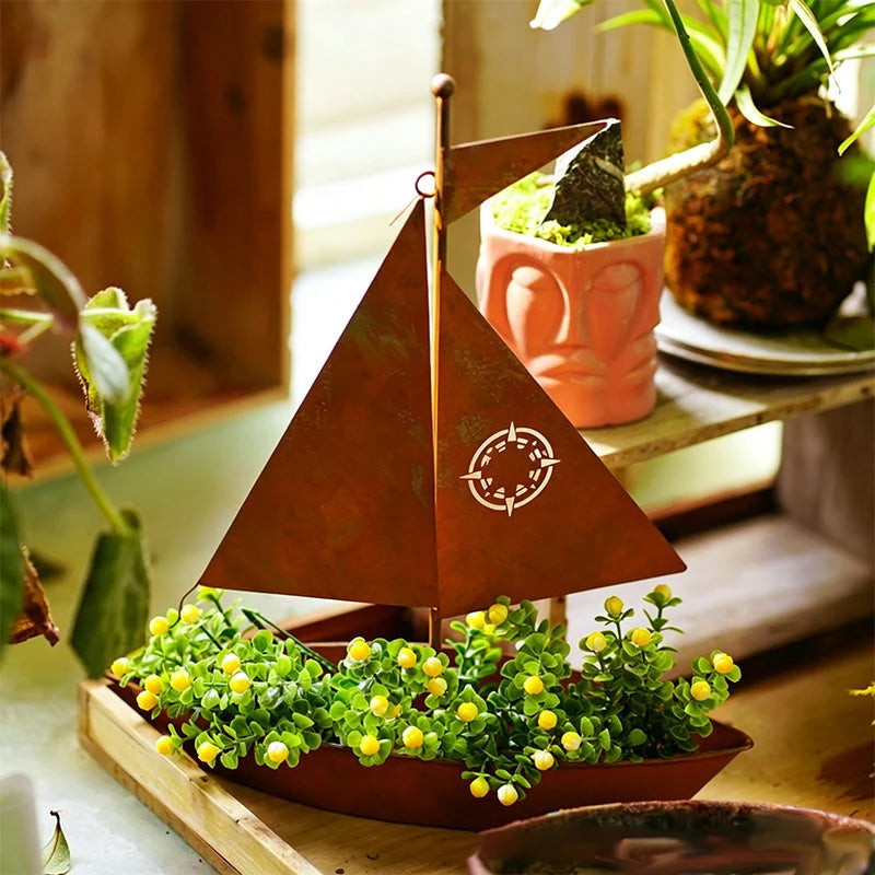 Sailboat Planter Weather-Resistant Iron Vintage Patina