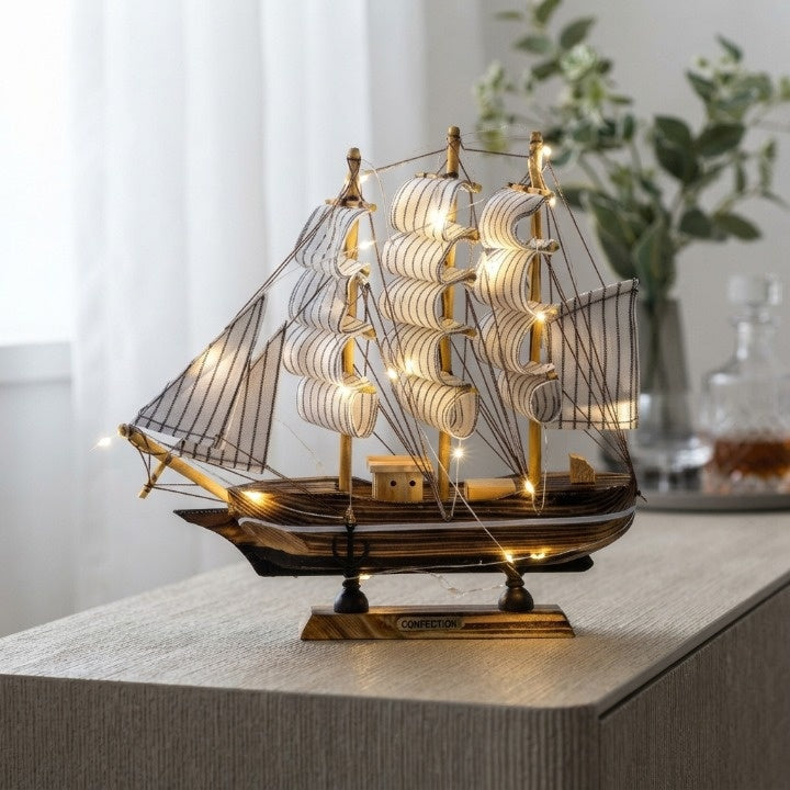 Sailing Ship Sculpture Battery LED Lights Wood & Fabric