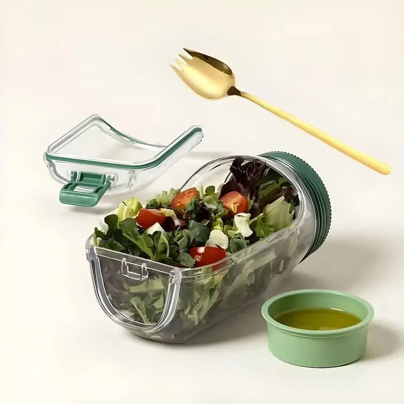 Salad Bowl Glass Side-Opening Screw Lid Dressing Compartment