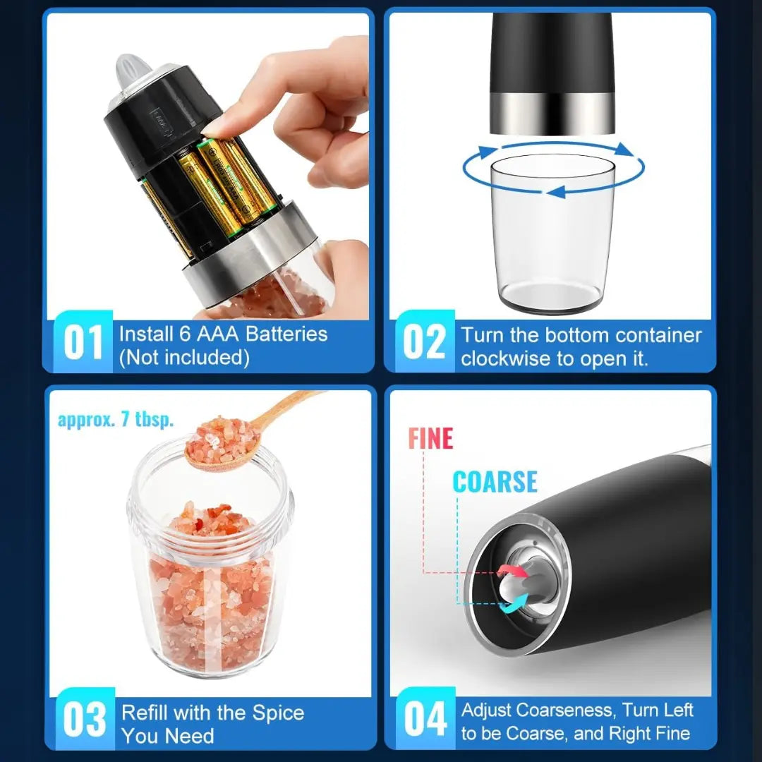 Salt & Pepper Grinders Gravity-Activated USB-Rechargeable & LED Light