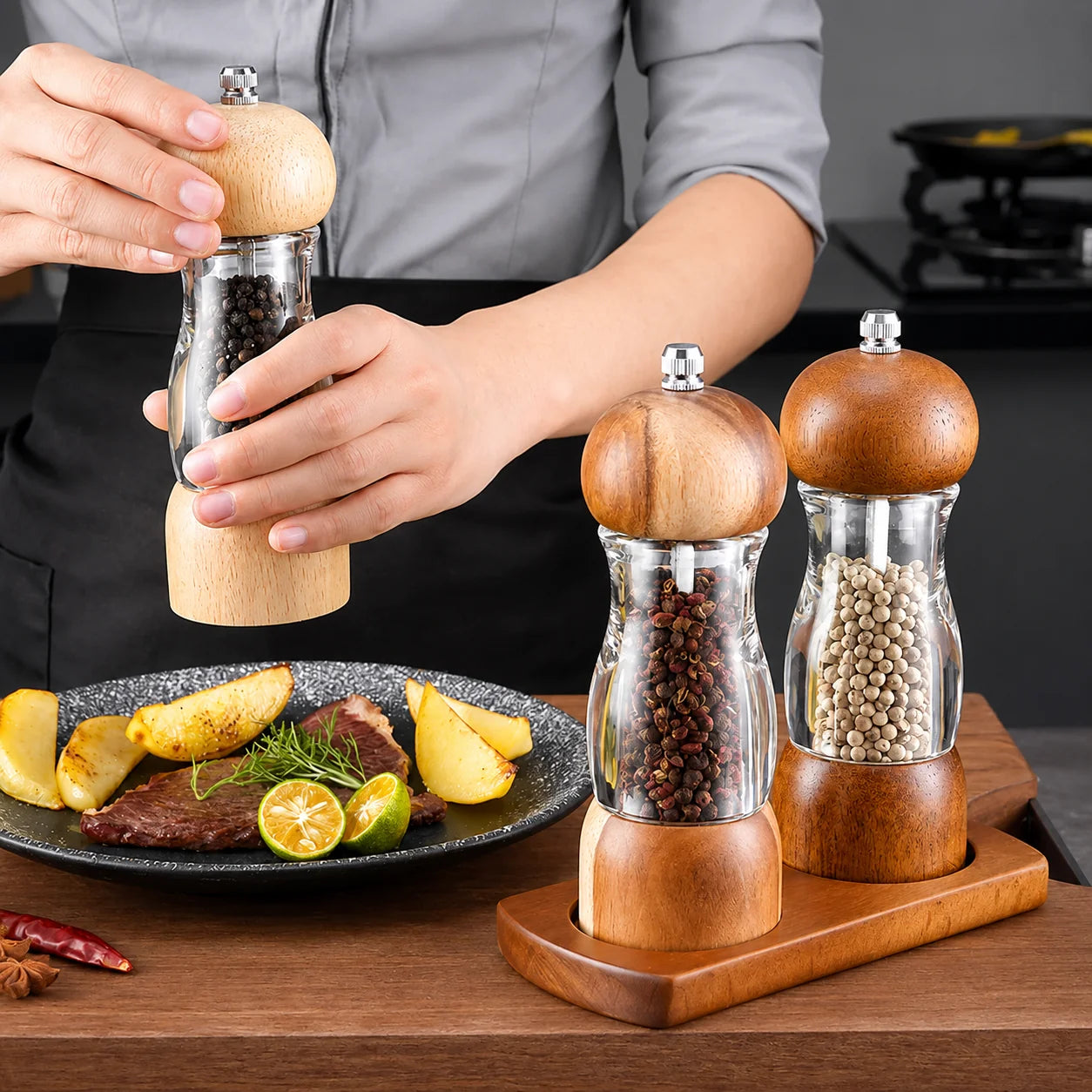 Salt & Pepper Mill Set Clear Glass Natural Wood