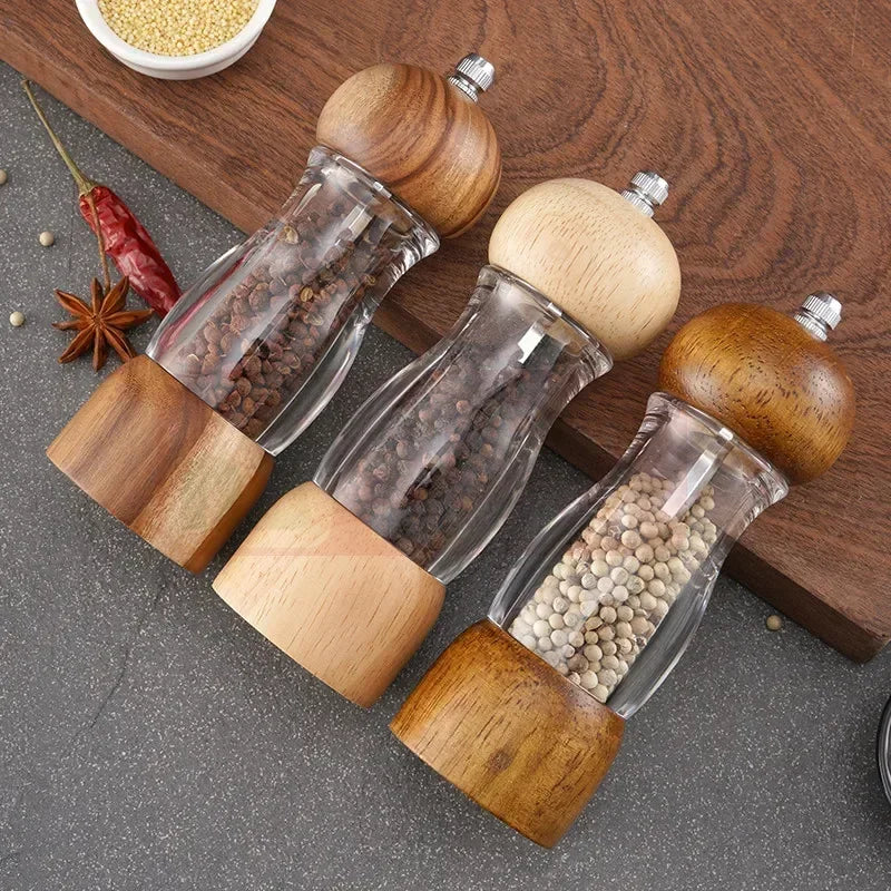 Salt & Pepper Mill Set Clear Glass Natural Wood