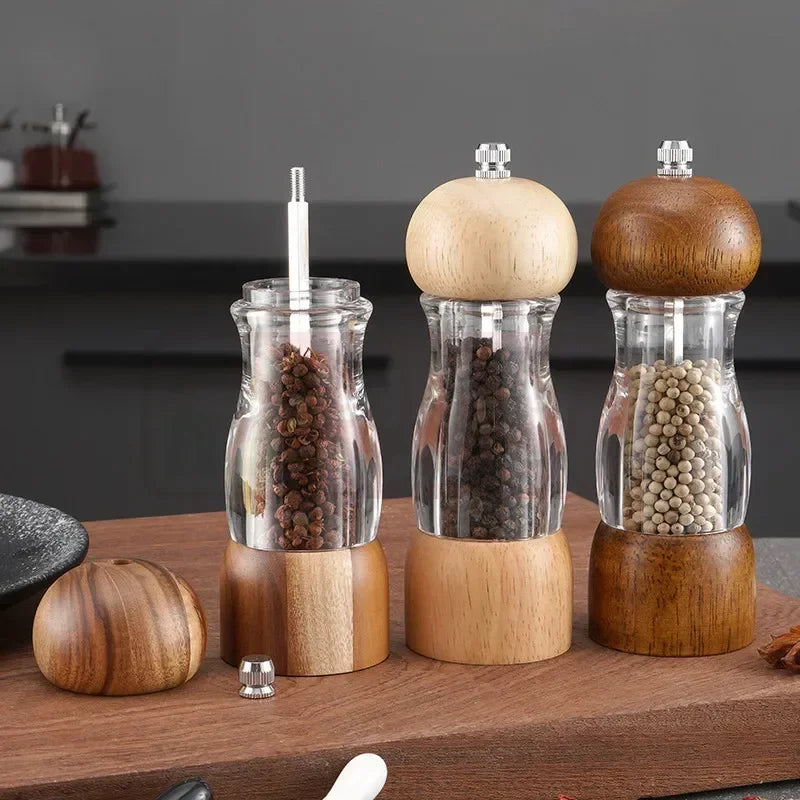 Salt & Pepper Mill Set Clear Glass Natural Wood