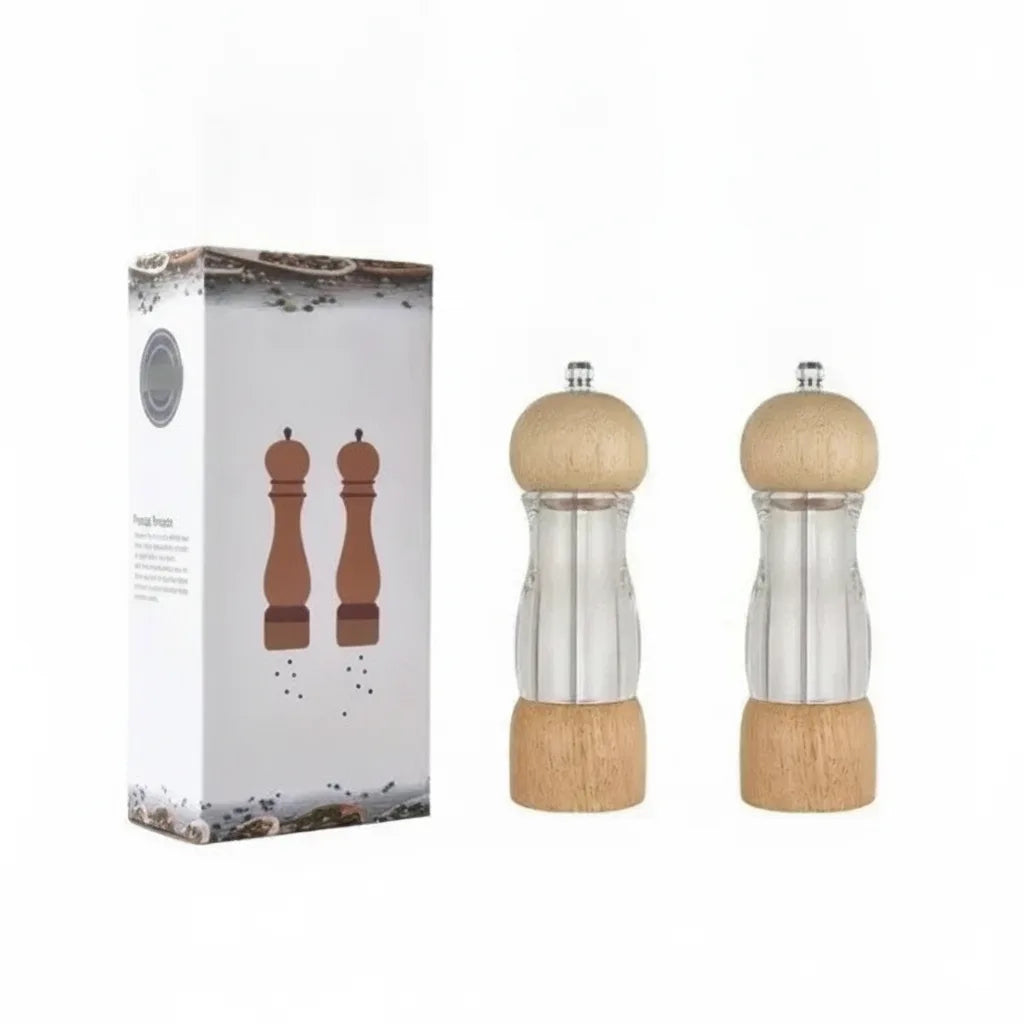 Salt & Pepper Mill Set Clear Glass Natural Wood