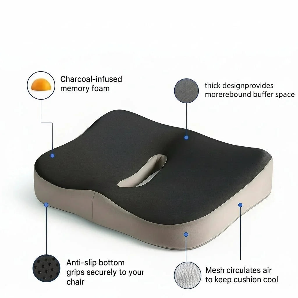 Seat Cushion Ergonomic Memory Foam Non-Slip & Removable Cover