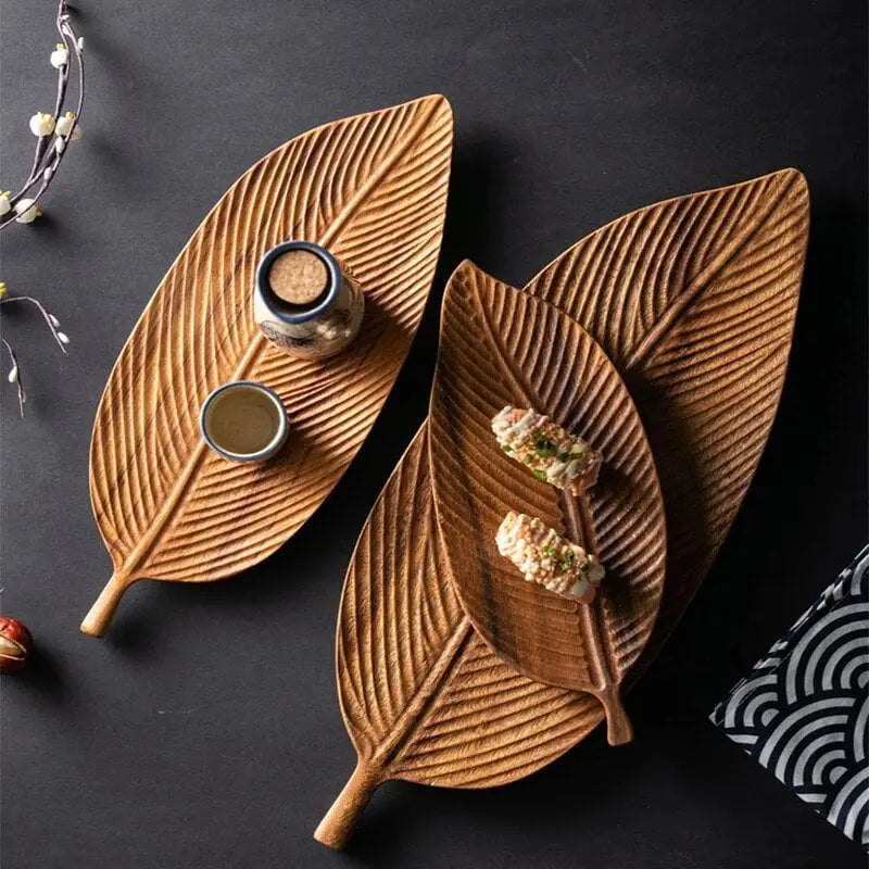 Serving Tray Carved Leaf Solid Wood Stem Handle