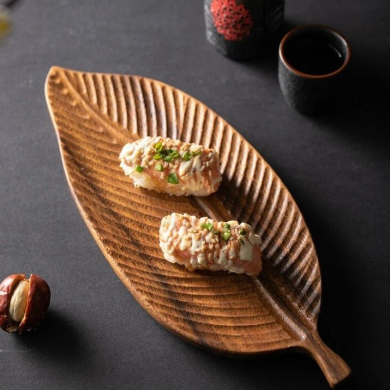 Serving Tray Solid Wood Leaf Shaped With Stem Handle