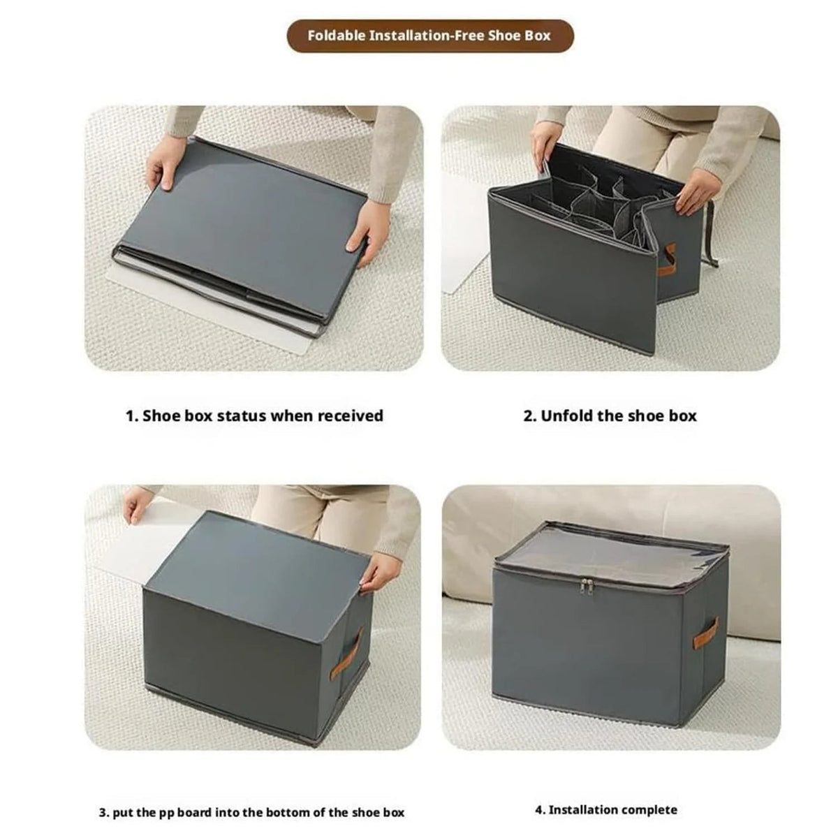 Shoe Organizer Foldable Transparent Lid Leather Handle & Dividers