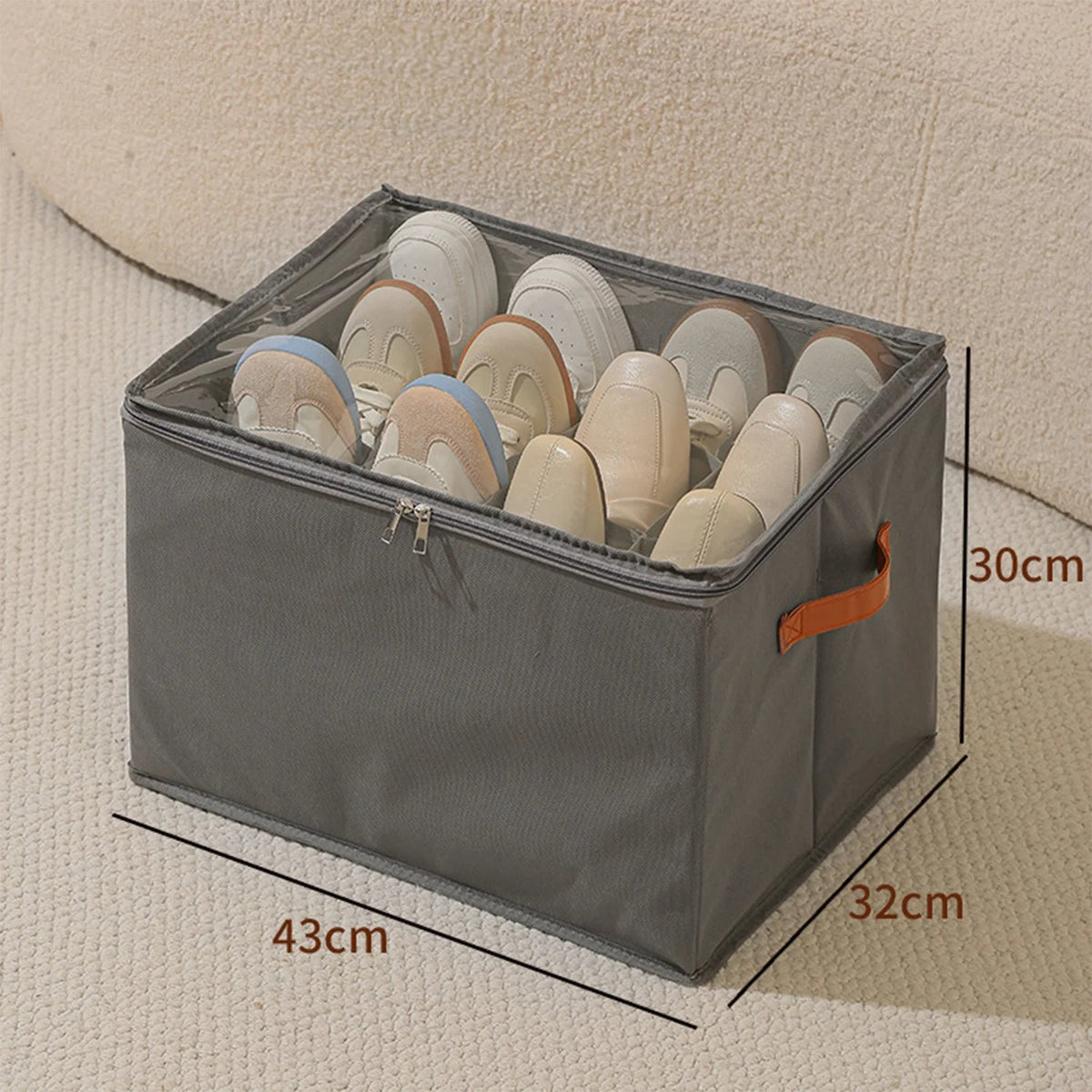 Shoe Organizer Foldable Transparent Lid Leather Handle & Dividers