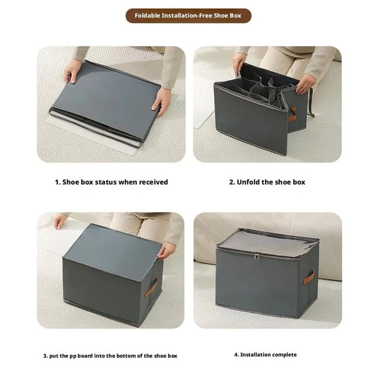 Shoe Organizer Transparent Viewing Window Foldable Faux Leather Handles