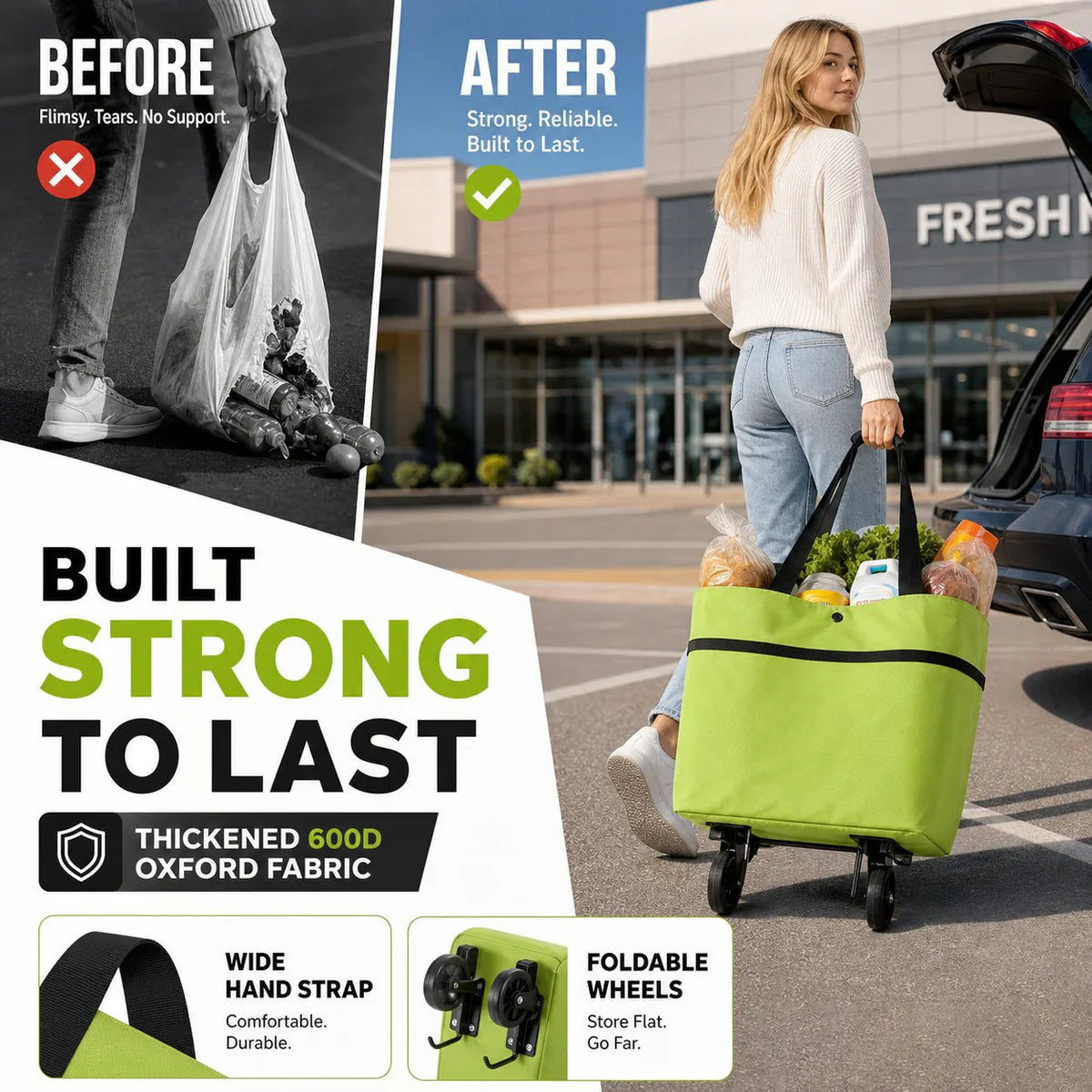 Shopping Bag 2-in-1 Foldable Wheels & Padded Handles