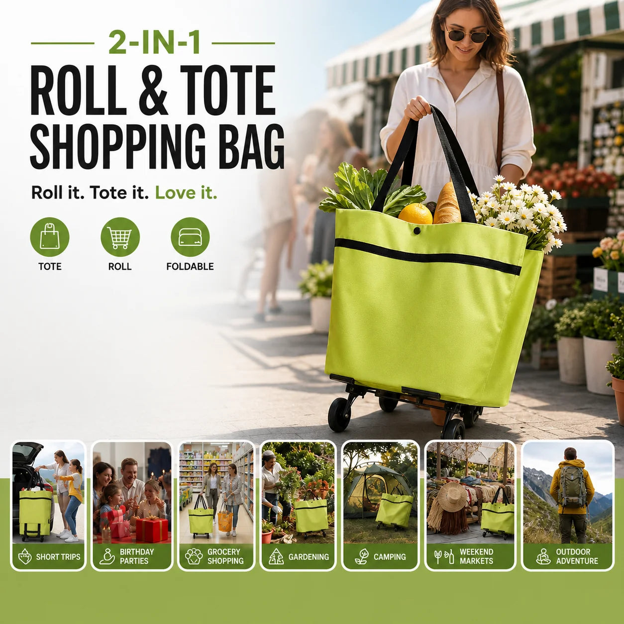 Shopping Bag 2-in-1 Foldable Wheels & Padded Handles