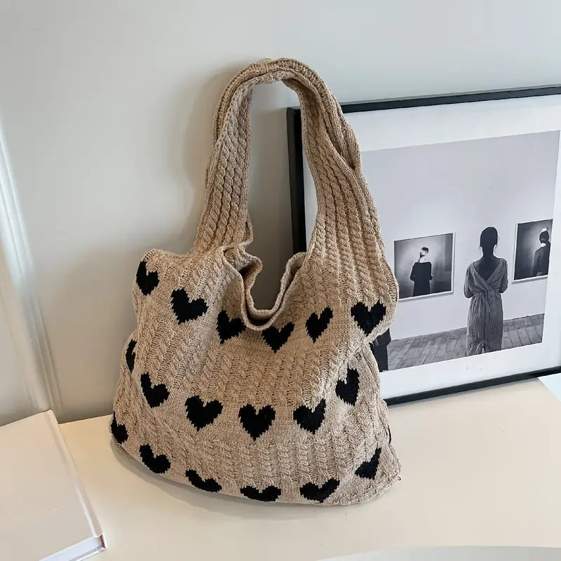 Shopping Bag Knitted Heart Pattern Foldable & Lightweight