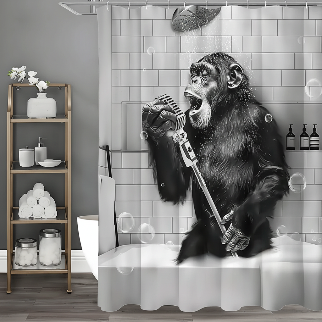 Shower Curtain Water-Repellent Polyester Black & White Monkey Motif