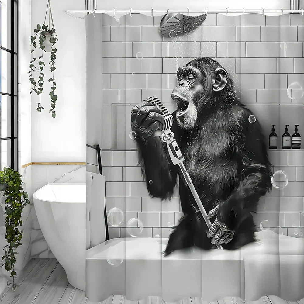 Shower Curtain Water-Repellent Polyester Black & White Monkey Motif