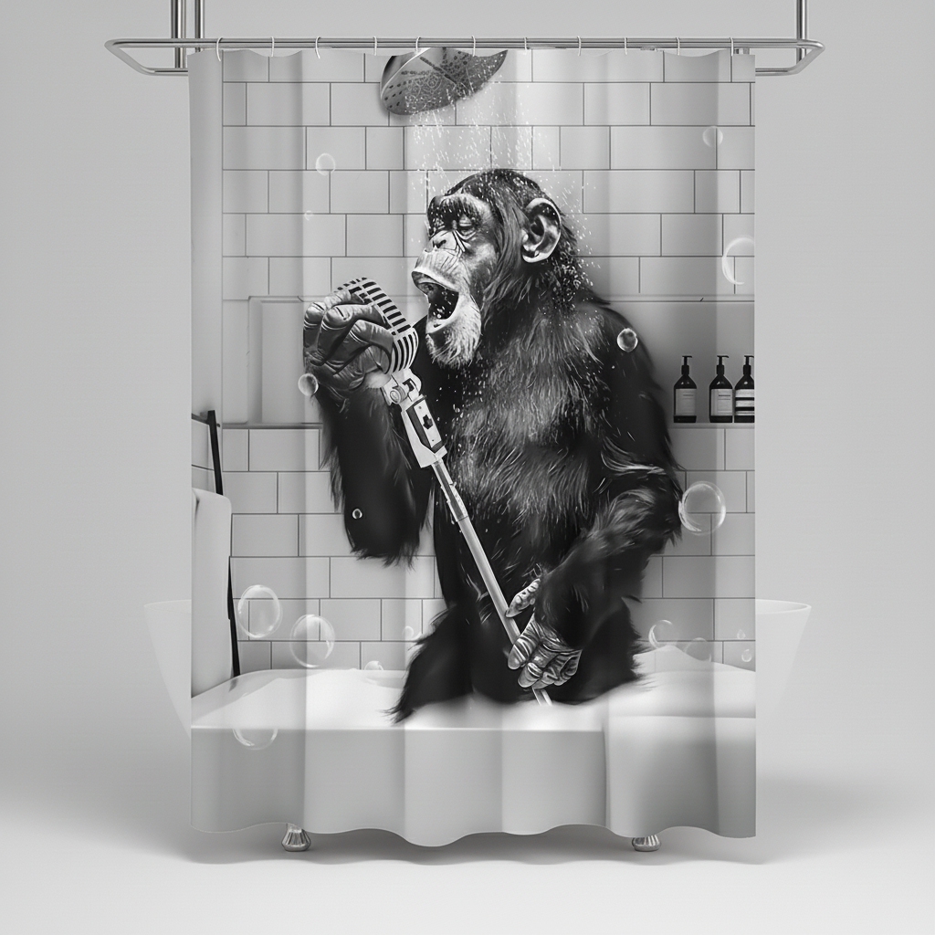 Shower Curtain Water-Repellent Polyester Black & White Monkey Motif