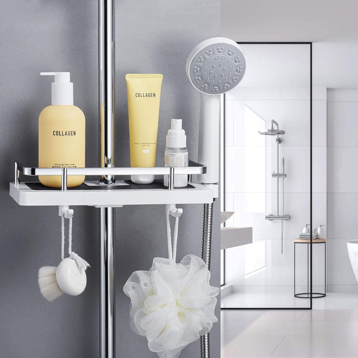 Shower Shelf Organizer Clamp-On Drill-Free Height-Adjustable Rust-Resistant