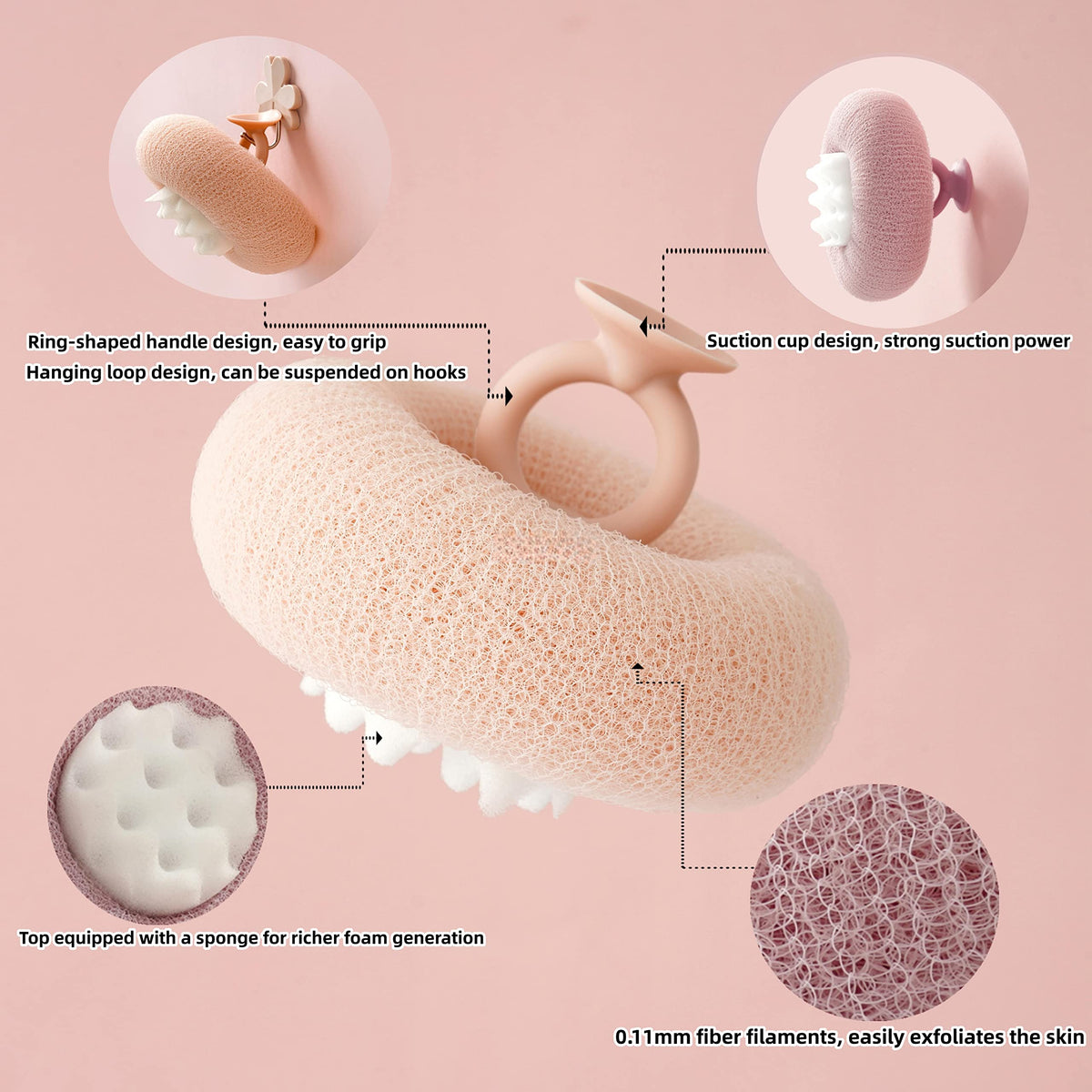 Shower Sponge Massage Nodules Ergonomic Ring Handle Suction Hook