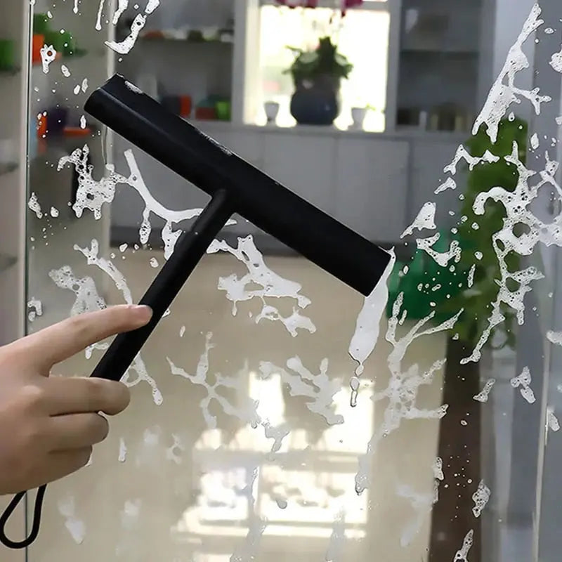 Shower Squeegee Matte Black Rubber Blade & Hanging Hook