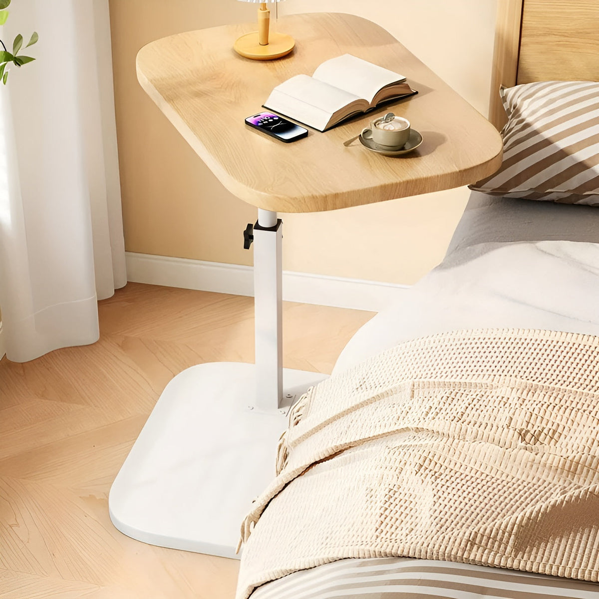 Side Table Adjustable Height Metal Frame & Wood Top