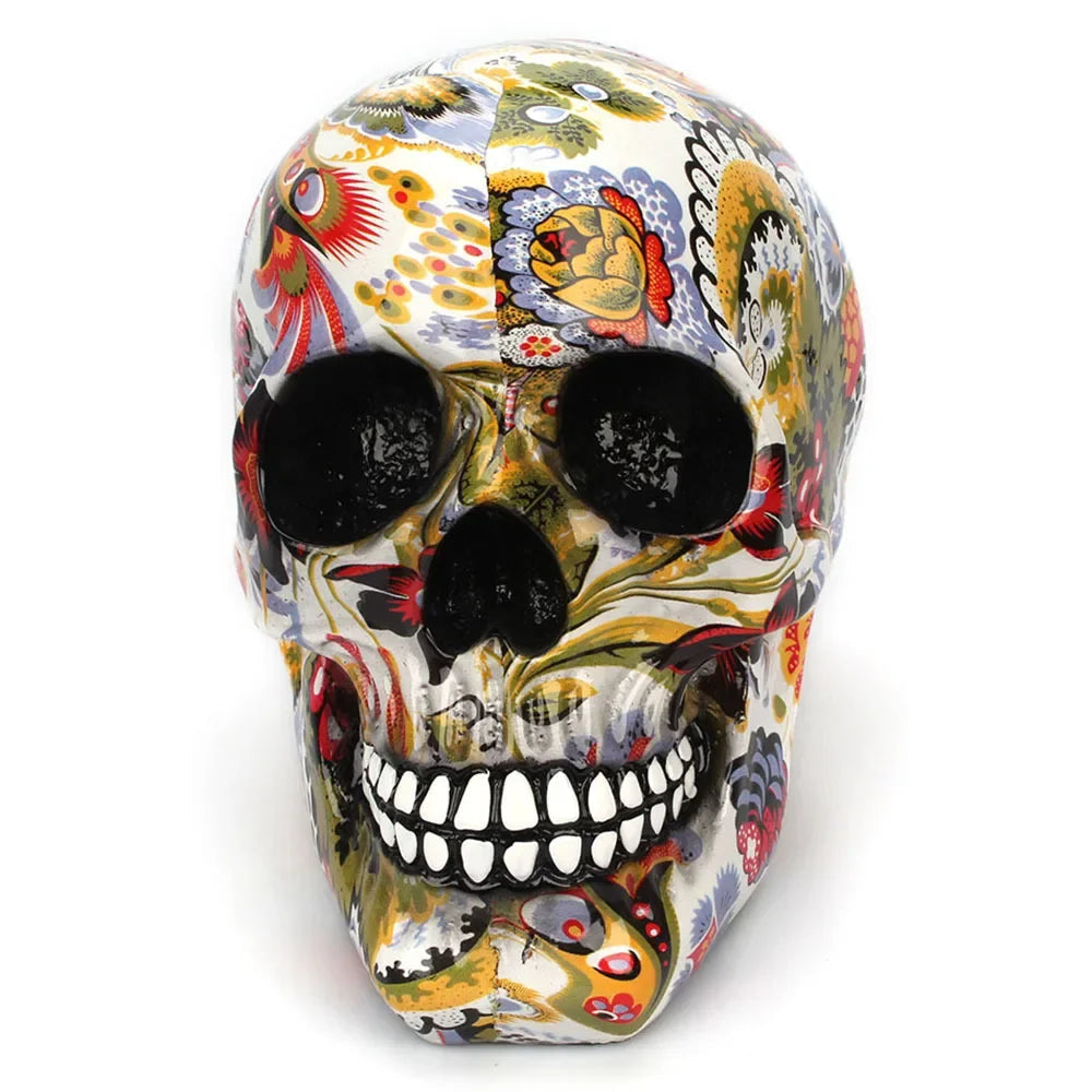 Skull Figurine Mexican Floral Hand Painted Resin