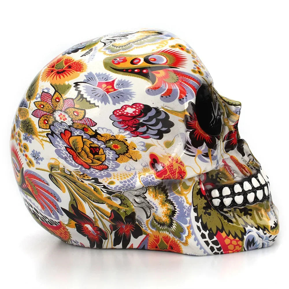 Skull Figurine Mexican Floral Hand Painted Resin