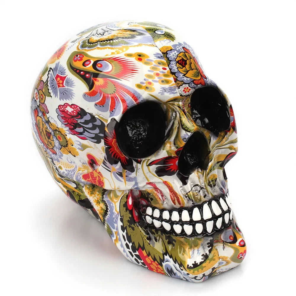 Skull Figurine Mexican Floral Hand Painted Resin