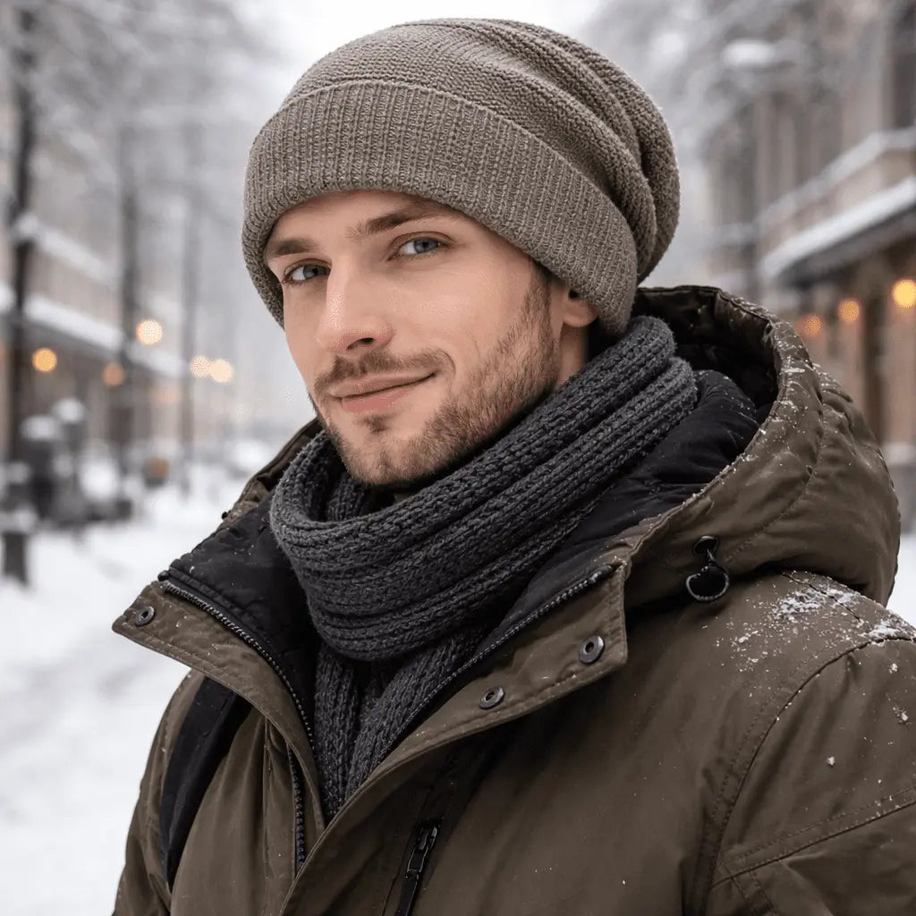 Slouchy Beanie Fleece-Lined Acrylic Knit Ribbed Cuff
