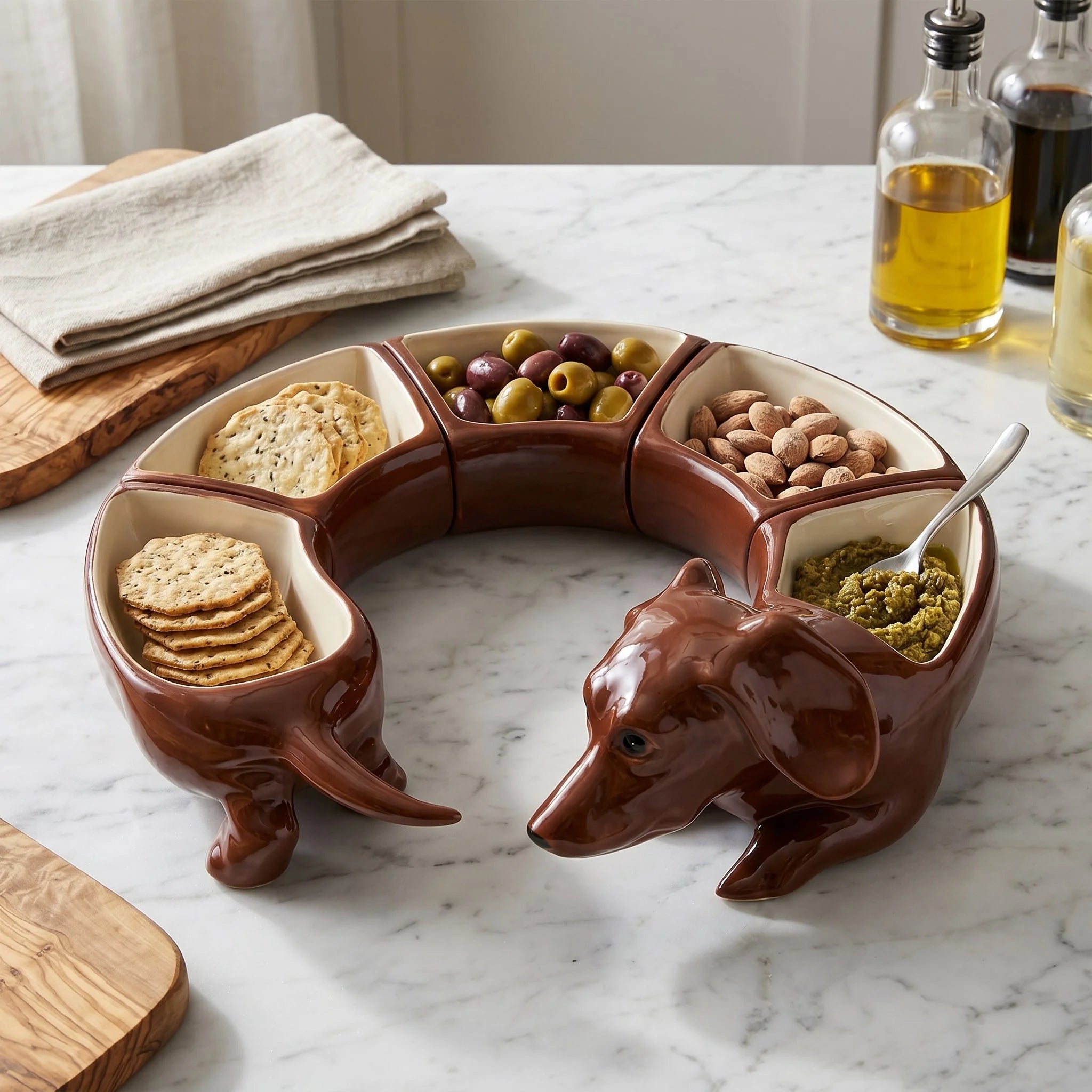 Snack Bowl Set Dachshund-Shaped Glazed Ceramic Five Removable Bowls