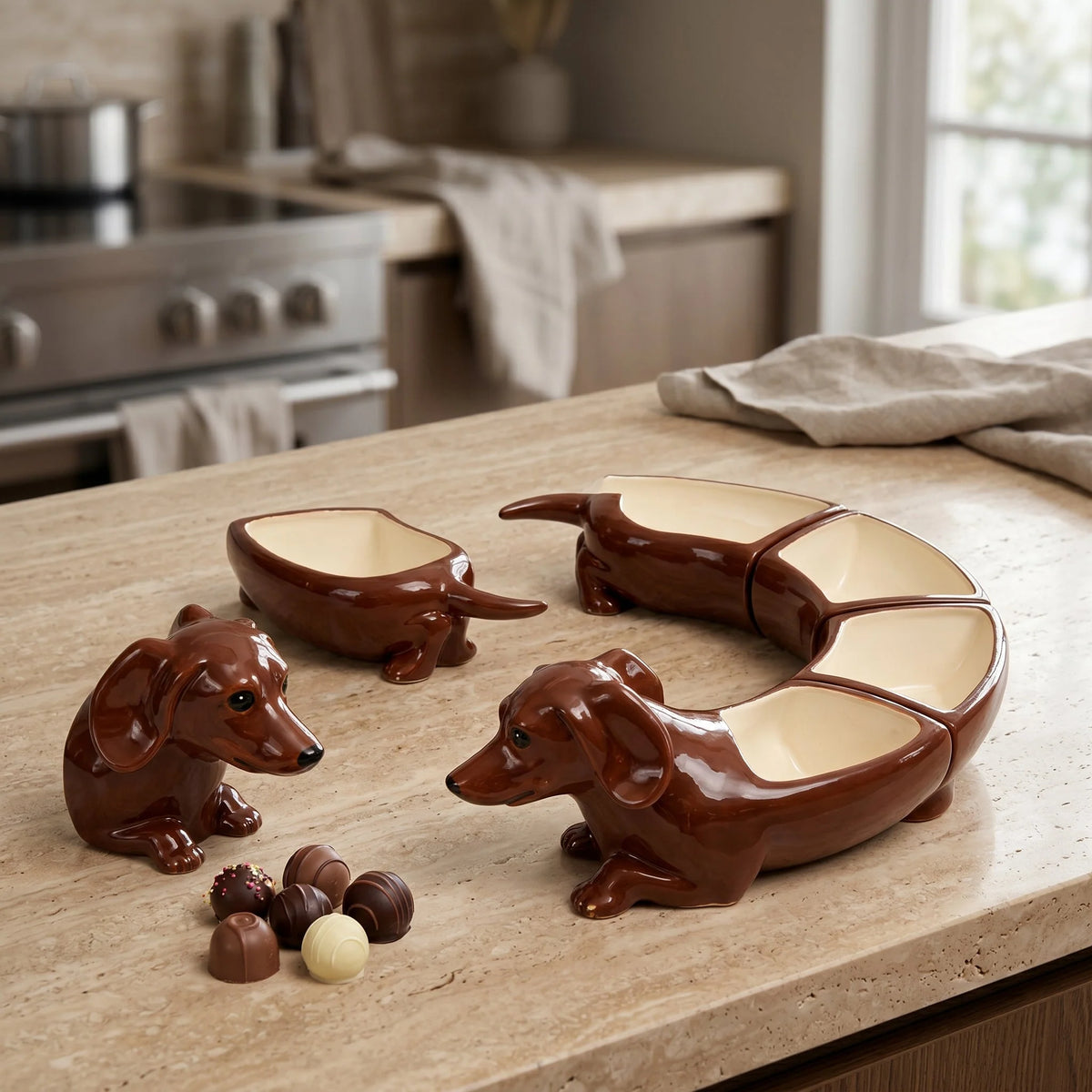 Snack Bowl Set Dachshund-Shaped Glazed Ceramic Five Removable Bowls