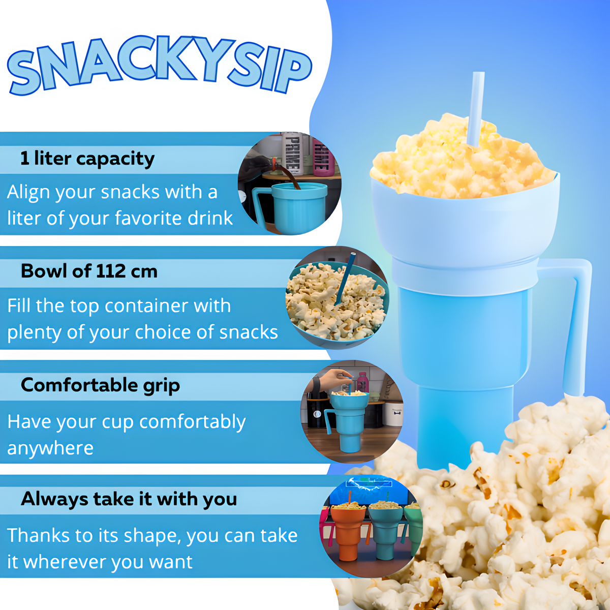 Snack & Drink Cup 1 L Capacity Removable Handle