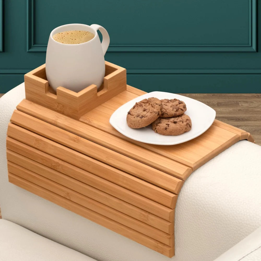 Sofa Armrest Tray Bamboo Flexible Fit Integrated Drink Holder