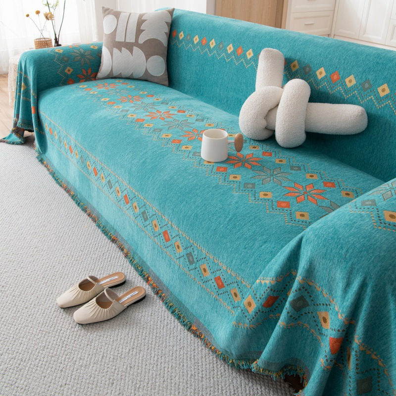 Sofa Throw Reversible Geometric Chenille Fringed