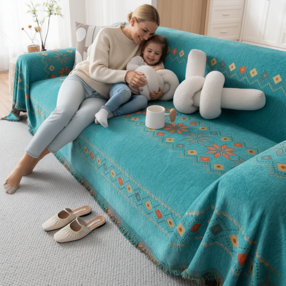 Sofa Throw Reversible Geometric Chenille Fringed