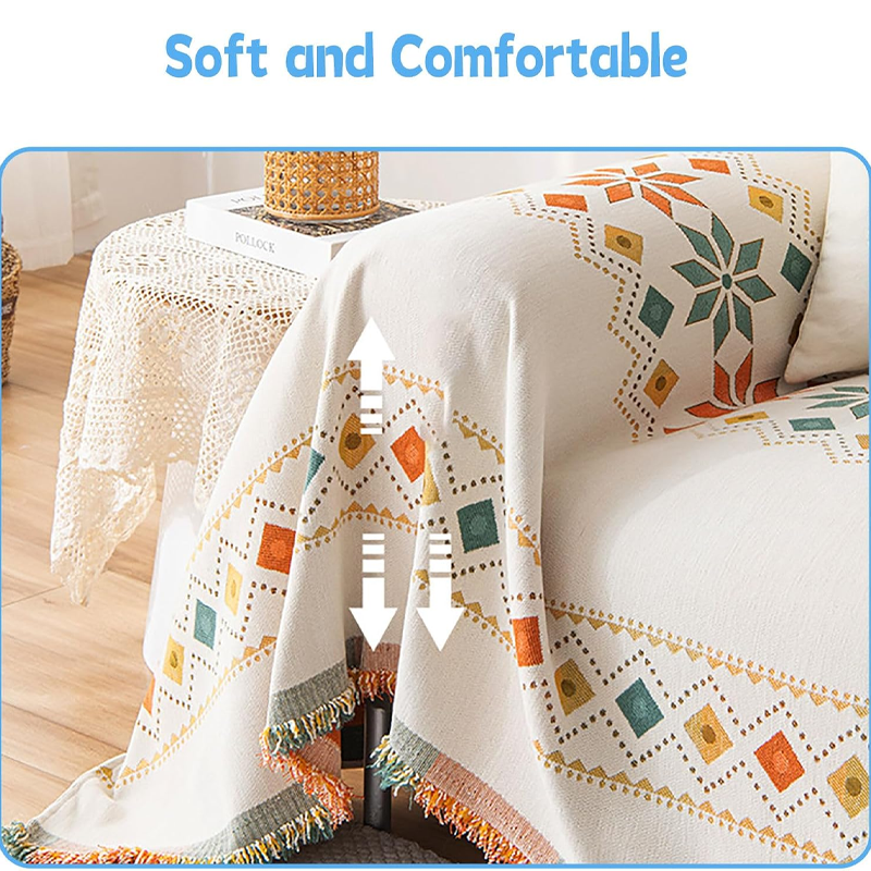 Sofa Throw Reversible Geometric Chenille Fringed